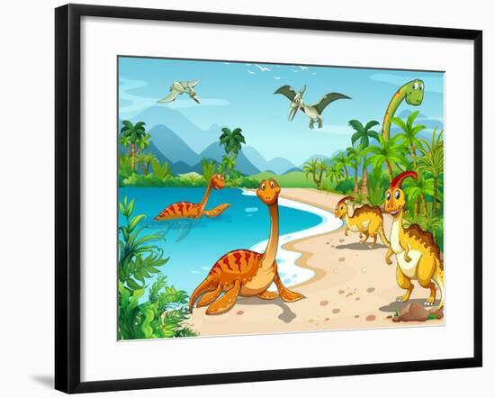 Dinosaurs Living on the Beach Illustration-GraphicsRF-Framed Art Print