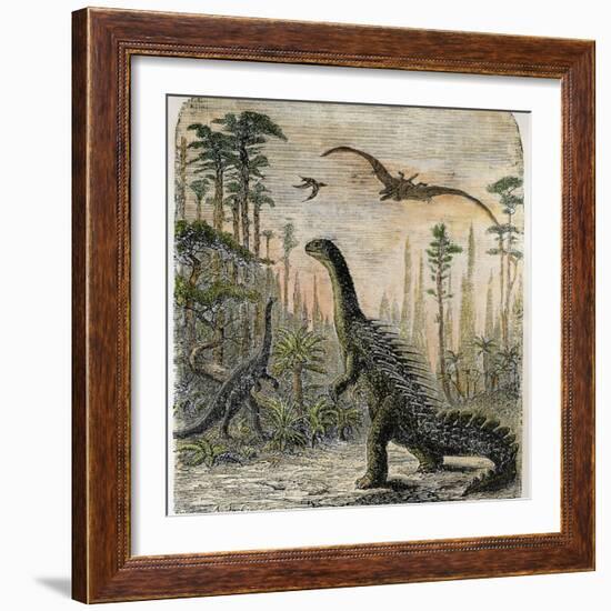 Dinosaurs of the Jurassic Period: a Stegosaurus with a Compsognathus in the Background-A. Jobin-Framed Photographic Print