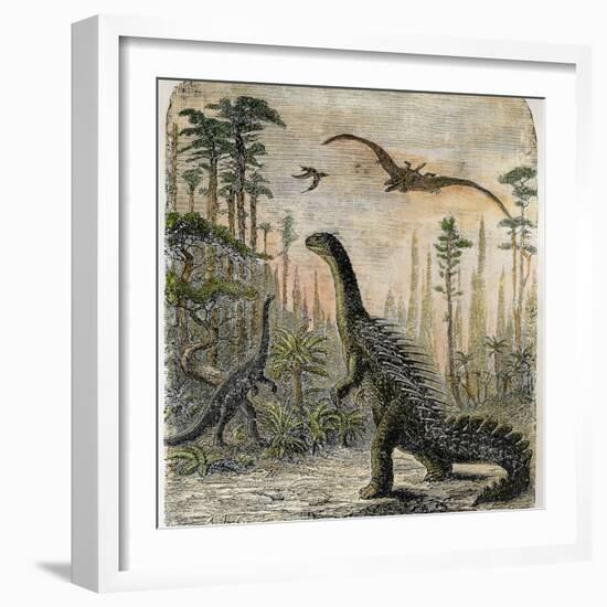 Dinosaurs of the Jurassic Period: a Stegosaurus with a Compsognathus in the Background-A. Jobin-Framed Photographic Print