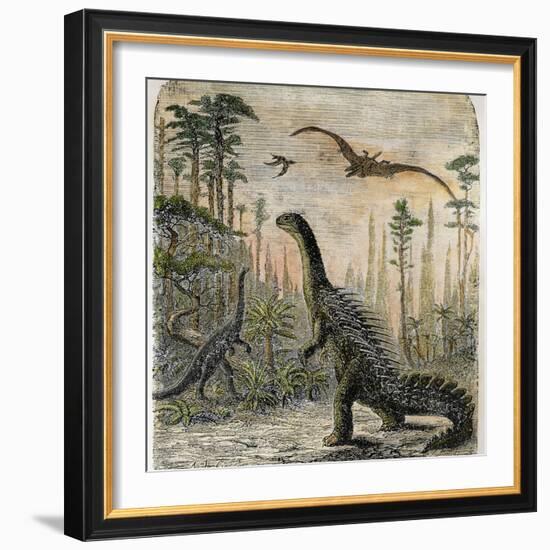 Dinosaurs of the Jurassic Period: a Stegosaurus with a Compsognathus in the Background-A. Jobin-Framed Photographic Print