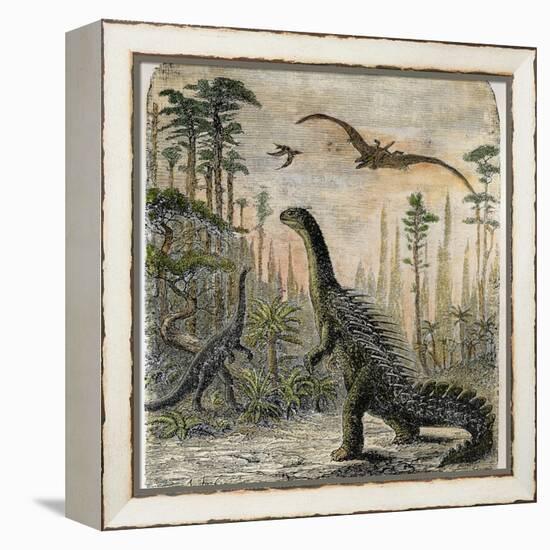 Dinosaurs of the Jurassic Period: a Stegosaurus with a Compsognathus in the Background-A. Jobin-Framed Premier Image Canvas