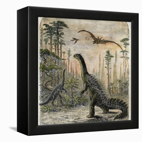 Dinosaurs of the Jurassic Period: a Stegosaurus with a Compsognathus in the Background-A. Jobin-Framed Premier Image Canvas