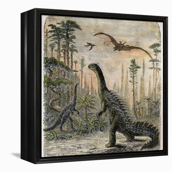 Dinosaurs of the Jurassic Period: a Stegosaurus with a Compsognathus in the Background-A. Jobin-Framed Premier Image Canvas