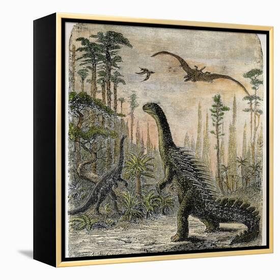 Dinosaurs of the Jurassic Period: a Stegosaurus with a Compsognathus in the Background-A. Jobin-Framed Premier Image Canvas