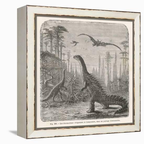 Dinosaurs of the Jurassic Period: a Stegosaurus with a Compsognathus in the Background-A. Jobin-Framed Stretched Canvas