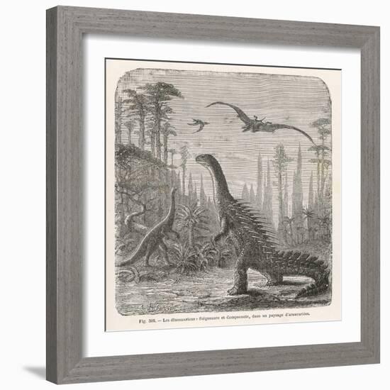 Dinosaurs of the Jurassic Period: a Stegosaurus with a Compsognathus in the Background-A. Jobin-Framed Art Print