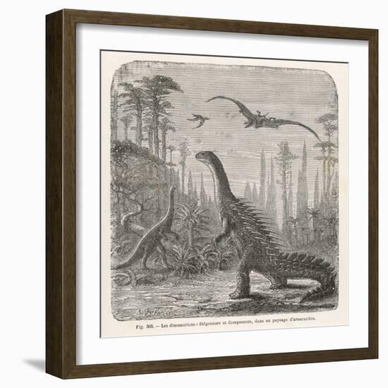 Dinosaurs of the Jurassic Period: a Stegosaurus with a Compsognathus in the Background-A. Jobin-Framed Art Print