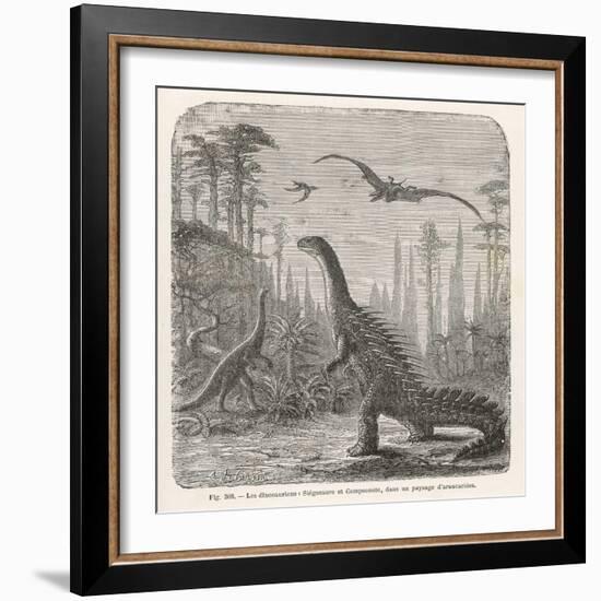 Dinosaurs of the Jurassic Period: a Stegosaurus with a Compsognathus in the Background-A. Jobin-Framed Art Print