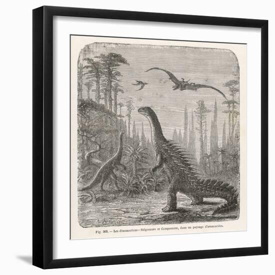 Dinosaurs of the Jurassic Period: a Stegosaurus with a Compsognathus in the Background-A. Jobin-Framed Art Print