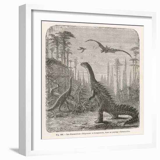 Dinosaurs of the Jurassic Period: a Stegosaurus with a Compsognathus in the Background-A. Jobin-Framed Art Print