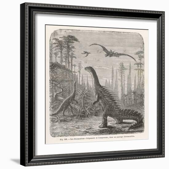 Dinosaurs of the Jurassic Period: a Stegosaurus with a Compsognathus in the Background-A. Jobin-Framed Art Print