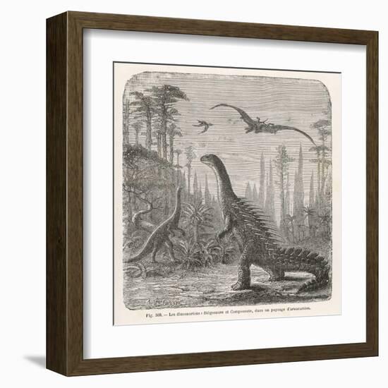 Dinosaurs of the Jurassic Period: a Stegosaurus with a Compsognathus in the Background-A. Jobin-Framed Art Print