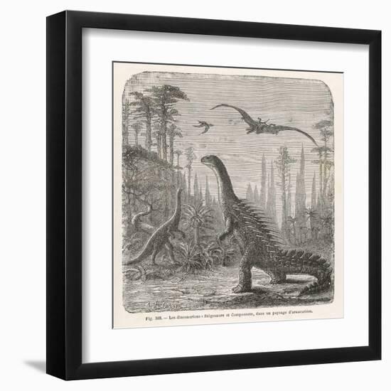 Dinosaurs of the Jurassic Period: a Stegosaurus with a Compsognathus in the Background-A. Jobin-Framed Art Print