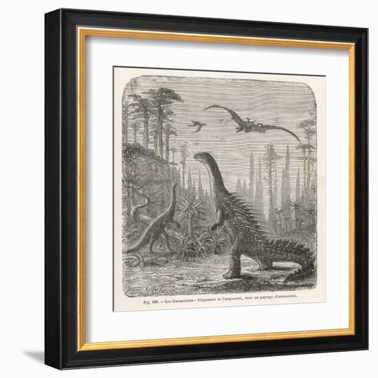 Dinosaurs of the Jurassic Period: a Stegosaurus with a Compsognathus in the Background-A. Jobin-Framed Art Print