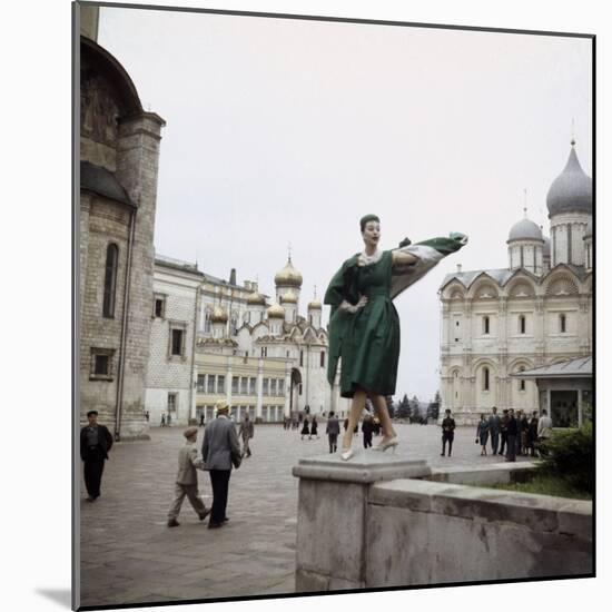 Dior Model in Soviet Union for Officially Sanctioned Fashion Show Posing in Public-null-Mounted Photographic Print