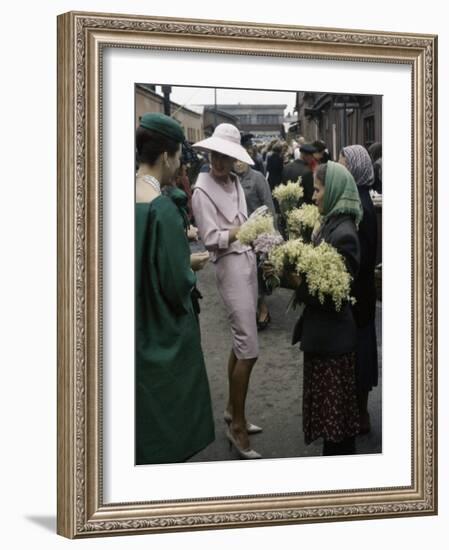 Dior Models in Soviet Union for Officially Sanctioned Fashion Show Visiting Flower Market-null-Framed Photographic Print