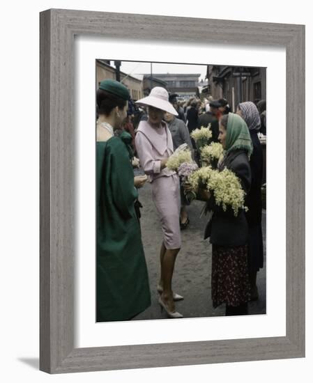 Dior Models in Soviet Union for Officially Sanctioned Fashion Show Visiting Flower Market-null-Framed Photographic Print