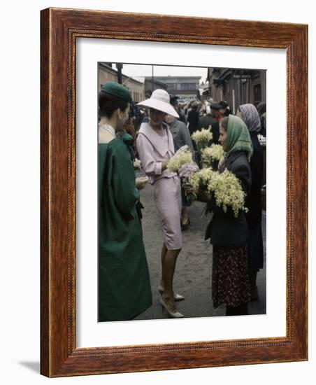 Dior Models in Soviet Union for Officially Sanctioned Fashion Show Visiting Flower Market-null-Framed Photographic Print