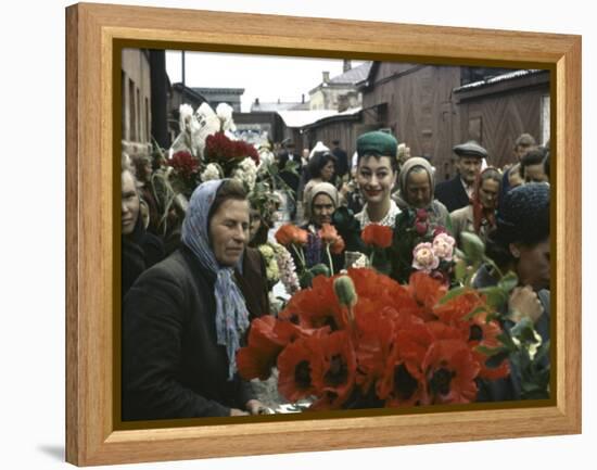 Dior Models in Soviet Union for Officially Sanctioned Fashion Show Visiting Open Air Flower Market-null-Framed Premier Image Canvas