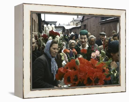 Dior Models in Soviet Union for Officially Sanctioned Fashion Show Visiting Open Air Flower Market-null-Framed Premier Image Canvas