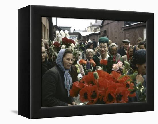 Dior Models in Soviet Union for Officially Sanctioned Fashion Show Visiting Open Air Flower Market-null-Framed Premier Image Canvas