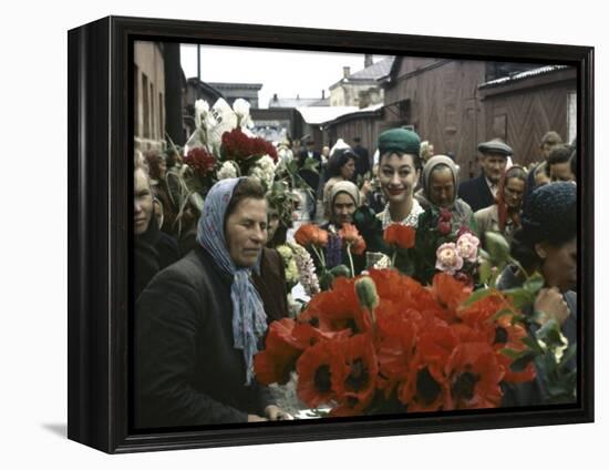 Dior Models in Soviet Union for Officially Sanctioned Fashion Show Visiting Open Air Flower Market-null-Framed Premier Image Canvas