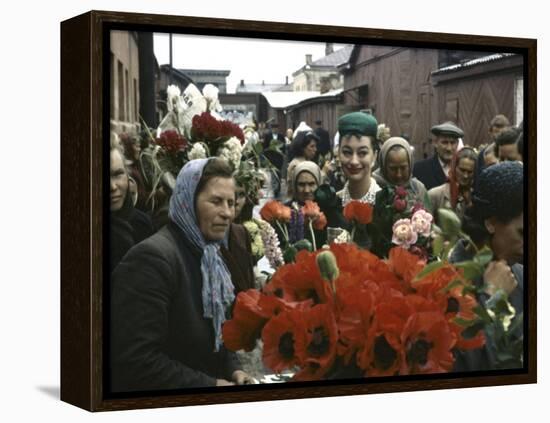 Dior Models in Soviet Union for Officially Sanctioned Fashion Show Visiting Open Air Flower Market-null-Framed Premier Image Canvas