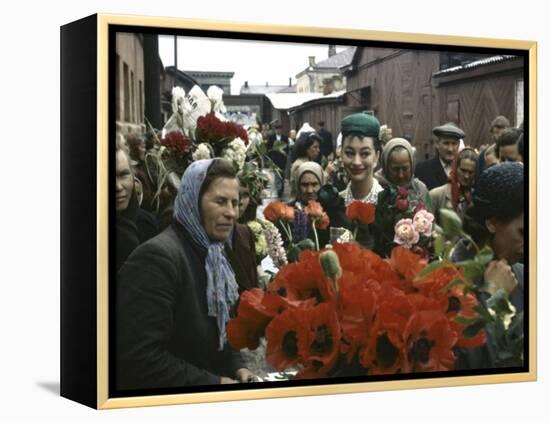 Dior Models in Soviet Union for Officially Sanctioned Fashion Show Visiting Open Air Flower Market-null-Framed Premier Image Canvas