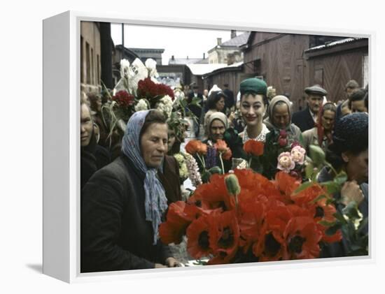 Dior Models in Soviet Union for Officially Sanctioned Fashion Show Visiting Open Air Flower Market-null-Framed Premier Image Canvas