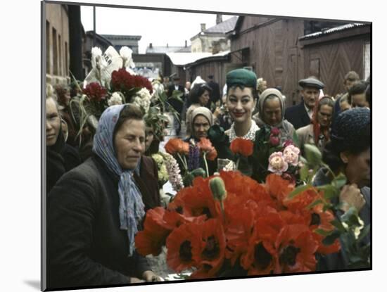 Dior Models in Soviet Union for Officially Sanctioned Fashion Show Visiting Open Air Flower Market-null-Mounted Photographic Print