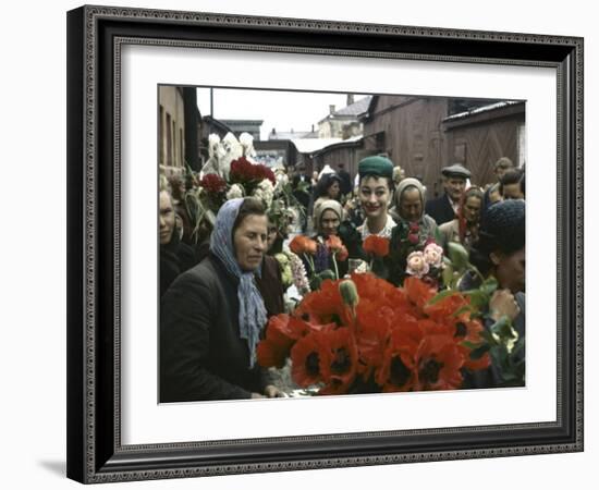 Dior Models in Soviet Union for Officially Sanctioned Fashion Show Visiting Open Air Flower Market-null-Framed Photographic Print