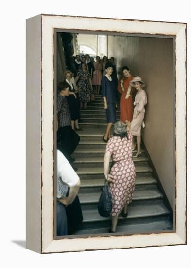 Dior Models in Stairwell for an Officially-Sanctioned Fashion Show, Moscow, Russia, 1959-Howard Sochurek-Framed Premier Image Canvas