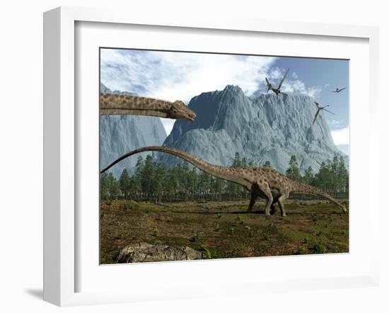 Diplodocus Dinosaurs Graze While Pterodactyls Fly Overhead-Stocktrek Images-Framed Photographic Print