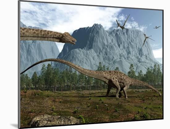 Diplodocus Dinosaurs Graze While Pterodactyls Fly Overhead-Stocktrek Images-Mounted Photographic Print