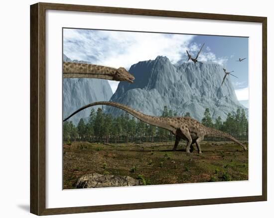 Diplodocus Dinosaurs Graze While Pterodactyls Fly Overhead-Stocktrek Images-Framed Photographic Print