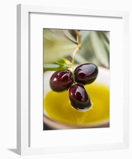 Dipping Olive Sprig with Black Olives in Olive Oil-null-Framed Photographic Print