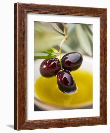 Dipping Olive Sprig with Black Olives in Olive Oil-null-Framed Photographic Print