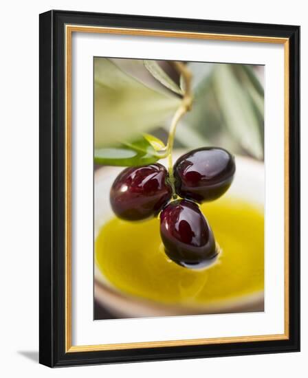 Dipping Olive Sprig with Black Olives in Olive Oil-null-Framed Photographic Print