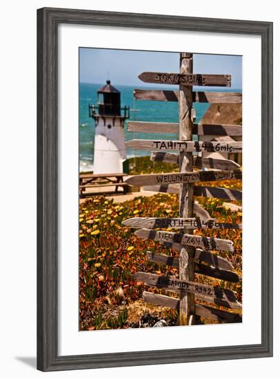 Directional Signs on a Pole with Light House in the Background, Point Montara Lighthouse-null-Framed Photographic Print