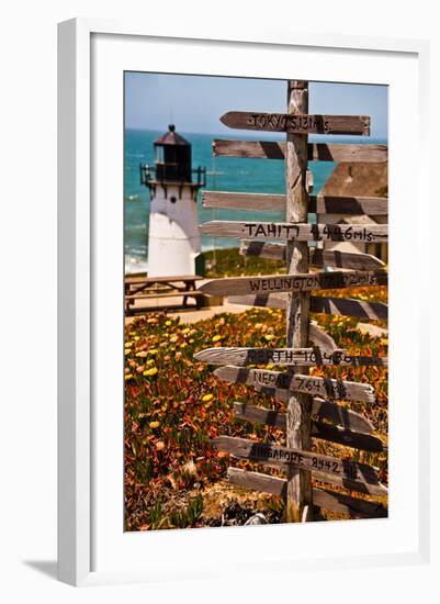 Directional Signs on a Pole with Light House in the Background, Point Montara Lighthouse-null-Framed Photographic Print