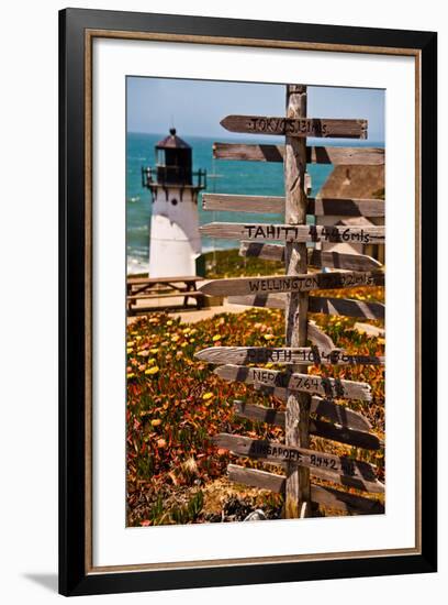 Directional Signs on a Pole with Light House in the Background, Point Montara Lighthouse-null-Framed Photographic Print