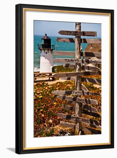 Directional Signs on a Pole with Light House in the Background, Point Montara Lighthouse-null-Framed Photographic Print