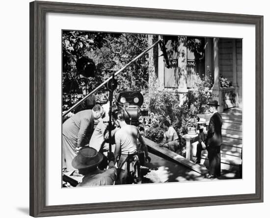 Director Alfred Hitchcock, Bending over to Watch a Rehearsal Through the Camera-J^ R^ Eyerman-Framed Premium Photographic Print