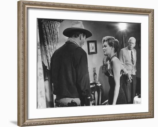 Director Howard Hawks Coaching Actress Angie Dickinson on Set for "Rio Bravo"-Allan Grant-Framed Premium Photographic Print