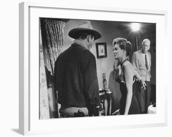 Director Howard Hawks Coaching Actress Angie Dickinson on Set for "Rio Bravo"-Allan Grant-Framed Premium Photographic Print