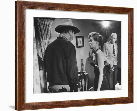 Director Howard Hawks Coaching Actress Angie Dickinson on Set for "Rio Bravo"-Allan Grant-Framed Premium Photographic Print