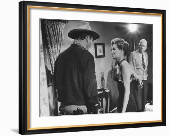 Director Howard Hawks Coaching Actress Angie Dickinson on Set for "Rio Bravo"-Allan Grant-Framed Premium Photographic Print