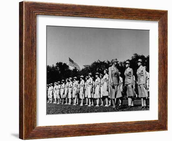 Director Oveta Culp Hobby Reviewing Wacs on Parade Ground-null-Framed Photographic Print