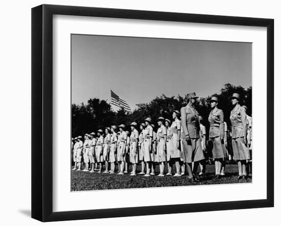 Director Oveta Culp Hobby Reviewing Wacs on Parade Ground-null-Framed Photographic Print