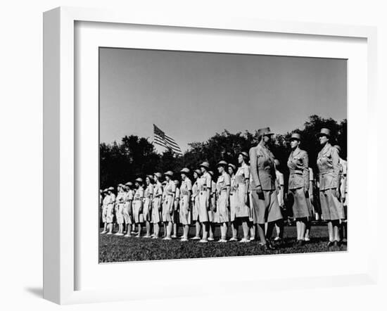 Director Oveta Culp Hobby Reviewing Wacs on Parade Ground-null-Framed Photographic Print